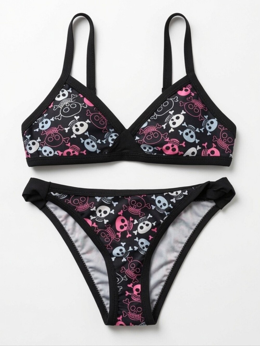 Skull Print Triangle Bikini Set in Black, Pink & White